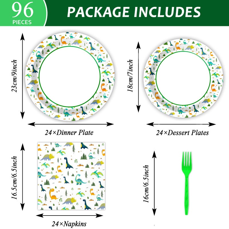 Wiooffen 96 Pcs Dinosaur Party Plates Napkins Watercolor Dinosaur Birthday Tableware Supplies Set Cartoon Dinosaur Disposable Dinnerware Decoration for Birthday Party Baby Shower, 24 Guests - Image 2